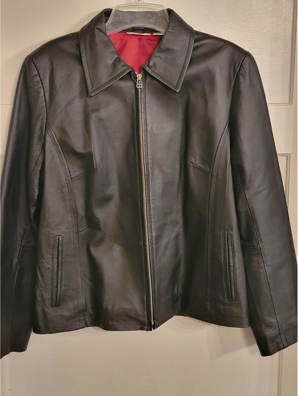 Kim Rogers Womens Sport Black Genuine Leather Zip Jacket Large